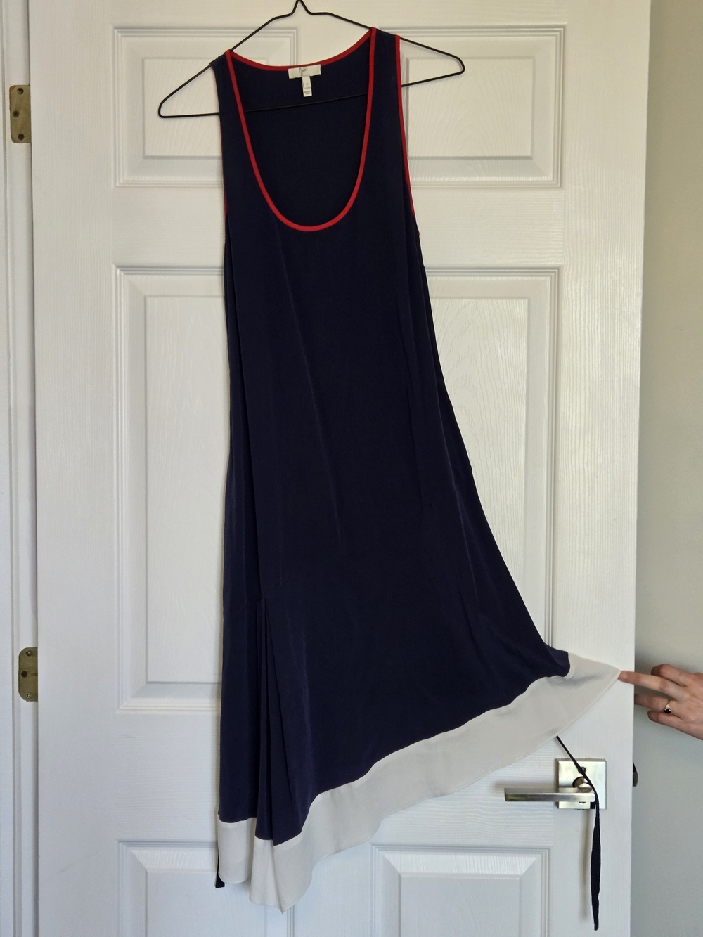 Joie Silk Navy Dress with White and Red Trim And Slim Tie Belt
